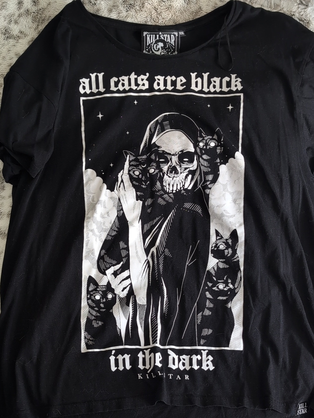 Killstar Black Graphic Tee with White Gothic Skull & Cats Print
